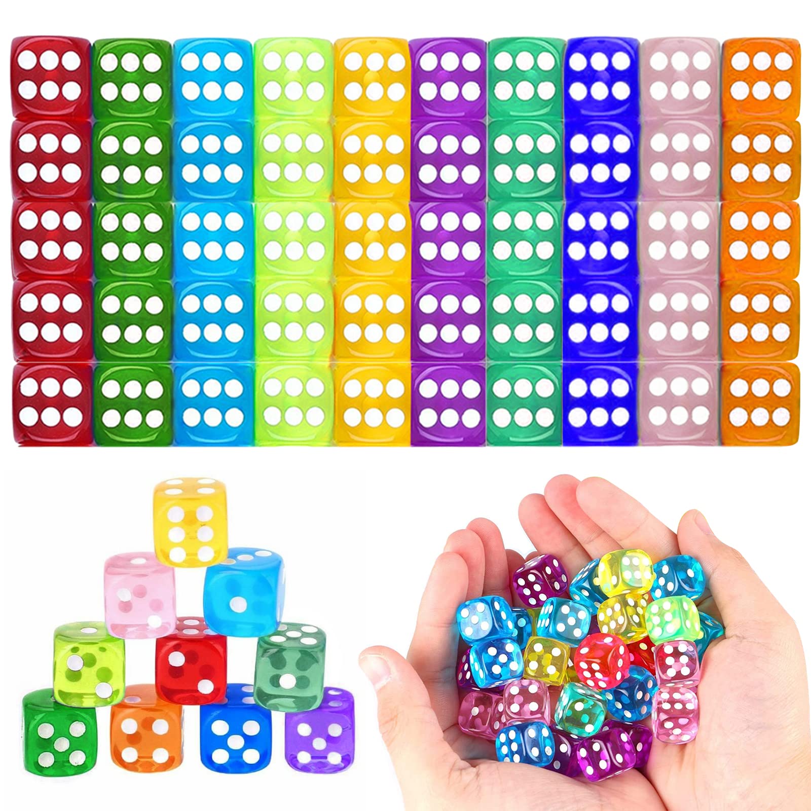 100 sztuk sześciostronnych kostek, D6 Dice, 10 kolorów, 14 mm, akrylowe, okrągłe kostki narożne, zestaw do tenisa, farkle, Yahtzee, Bunco lub matematyki edukacyjnej