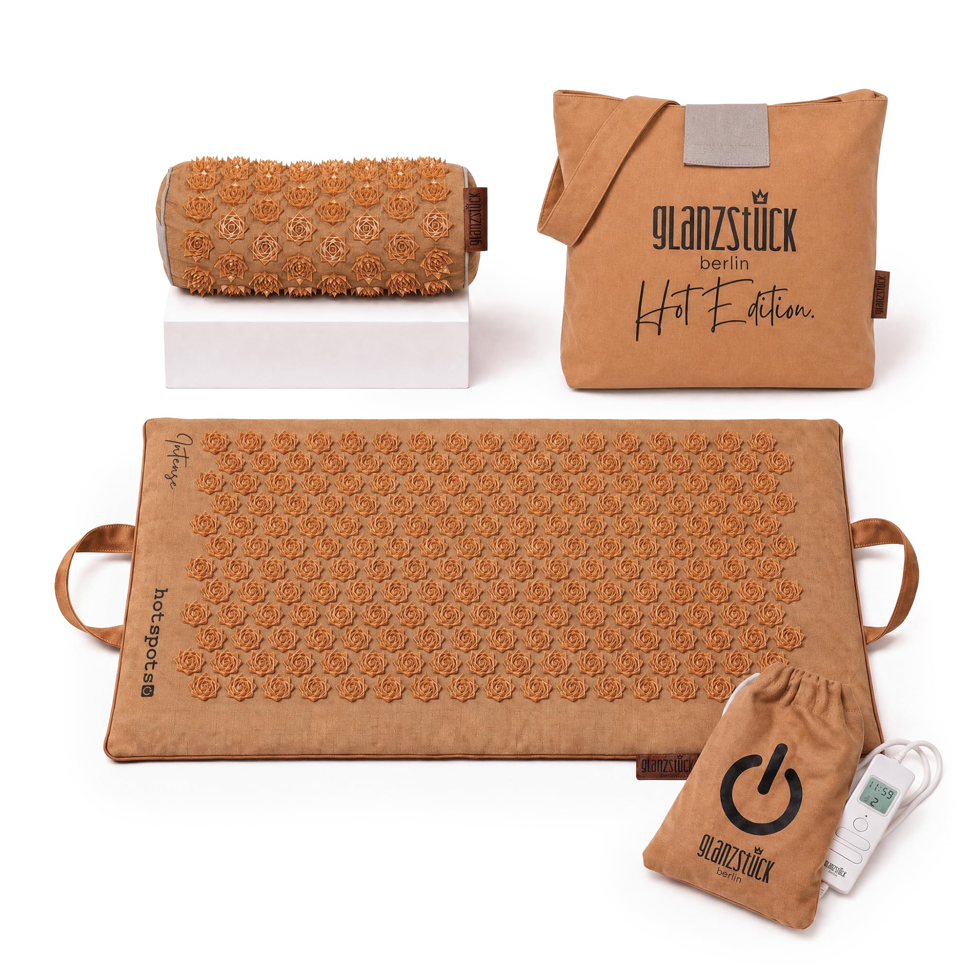 Glanzstück Berlin® Health Collection Ensemble de tapis d'acupression XL Hot Edition Intense chauffant électrique en lin aide à soulager les tensions, les maux de dos, tapis de massage avec sac