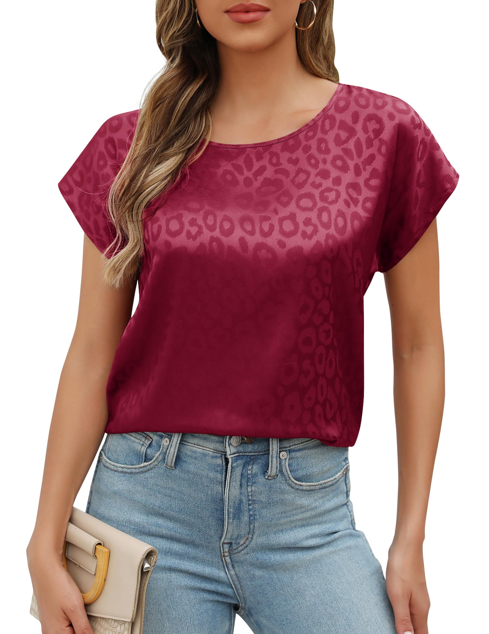 Zeagoo Camisas Mujer Satén Blusas de Verano Cuello Redondo Camiseta Manga Corta Tops Casual T Shirt con Estampado Informal