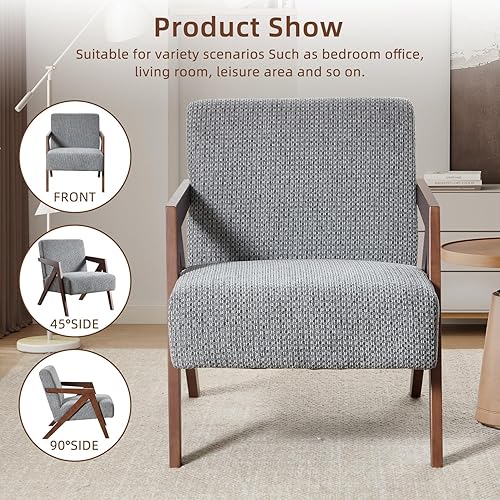 Miniatura 32 de INZOY Silla moderna de mediados de siglo con marco de madera, sillón tapizado con cojín de cintura, silla decorativa para sala de estar, dormitorio,