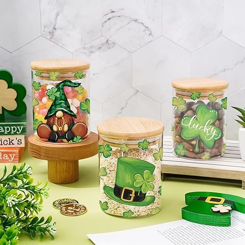 Miniatura 4 de JarThenaAMCS Juego de 3 tarros de almacenamiento de cristal del día de San Patricio, trébol de la suerte, gnomo, con tapa hermética de bambú para