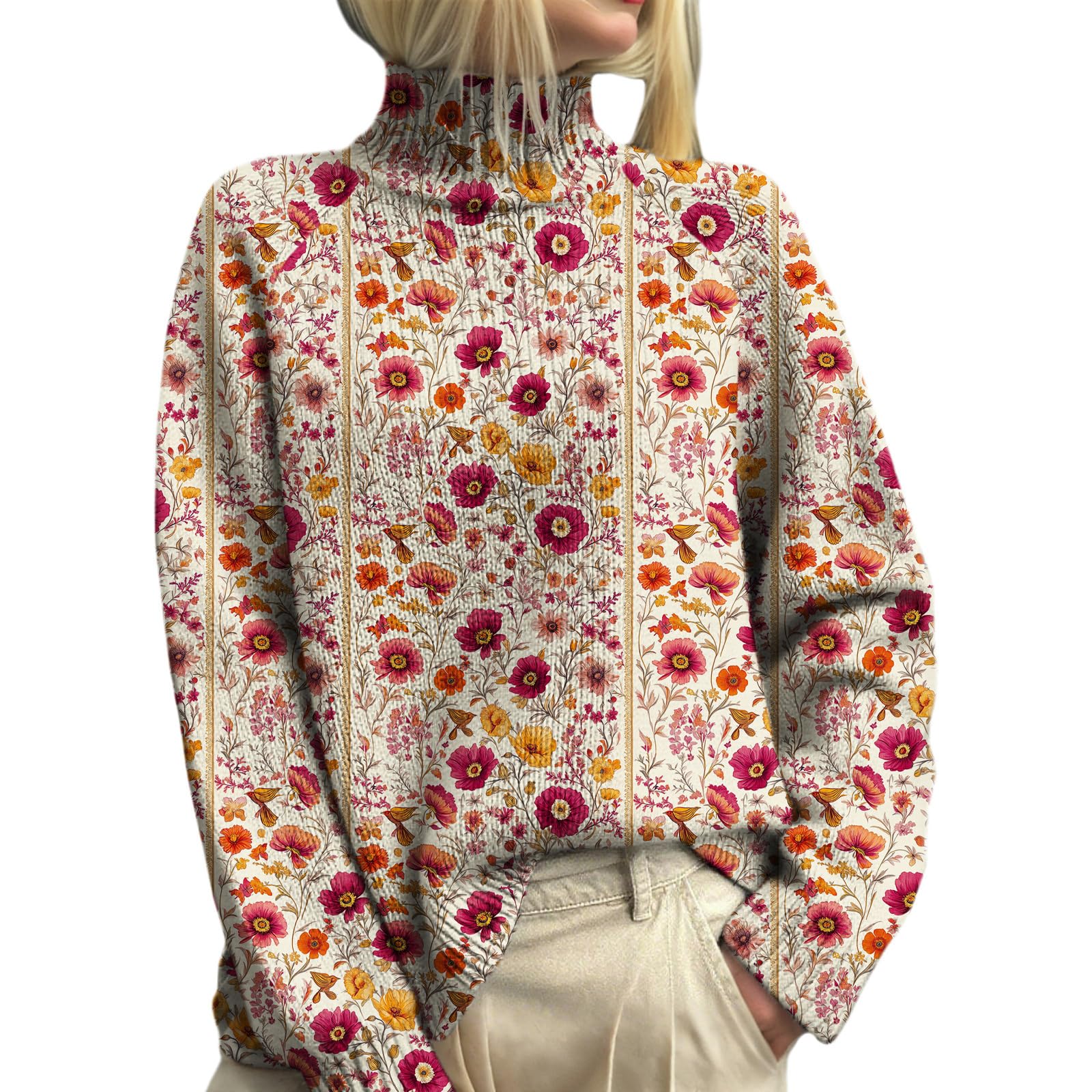 Soft Plus Size Floral Turtleneck Sweater for Women - Long Sleeve Knit Pullover Fall Winter Casual Flower Top