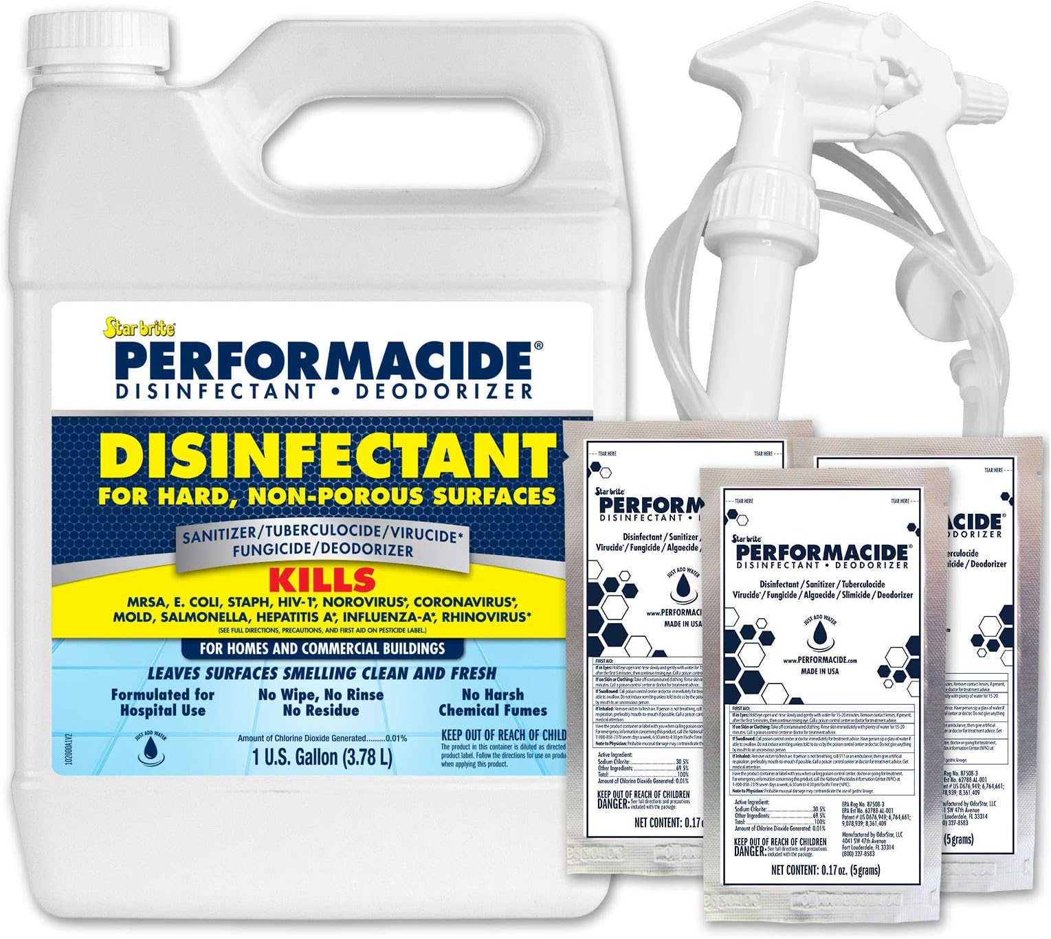 PERFORMACIDE Disinfectant - Kills COVID-19 Virus in 30 Seconds - No Rinse, No Wipe, No Residue - Just Add Water - Gallon Kit with 3 Refill Pouches & Sprayer (102000)