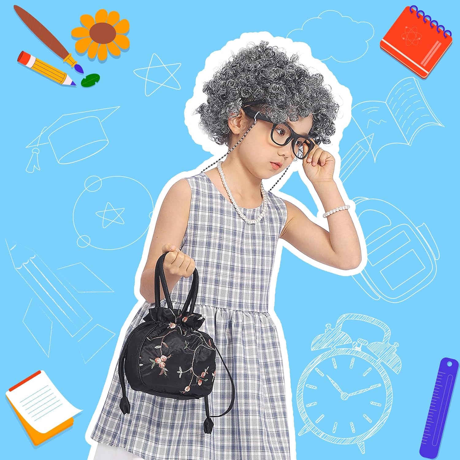100 Days of School Costume for Girls Old Lady Costume for Kids Grandma Wig Glasses Chain Necklace Bracelet Grandma Dress up Cosplay Accessories Set (Black) - Image 6