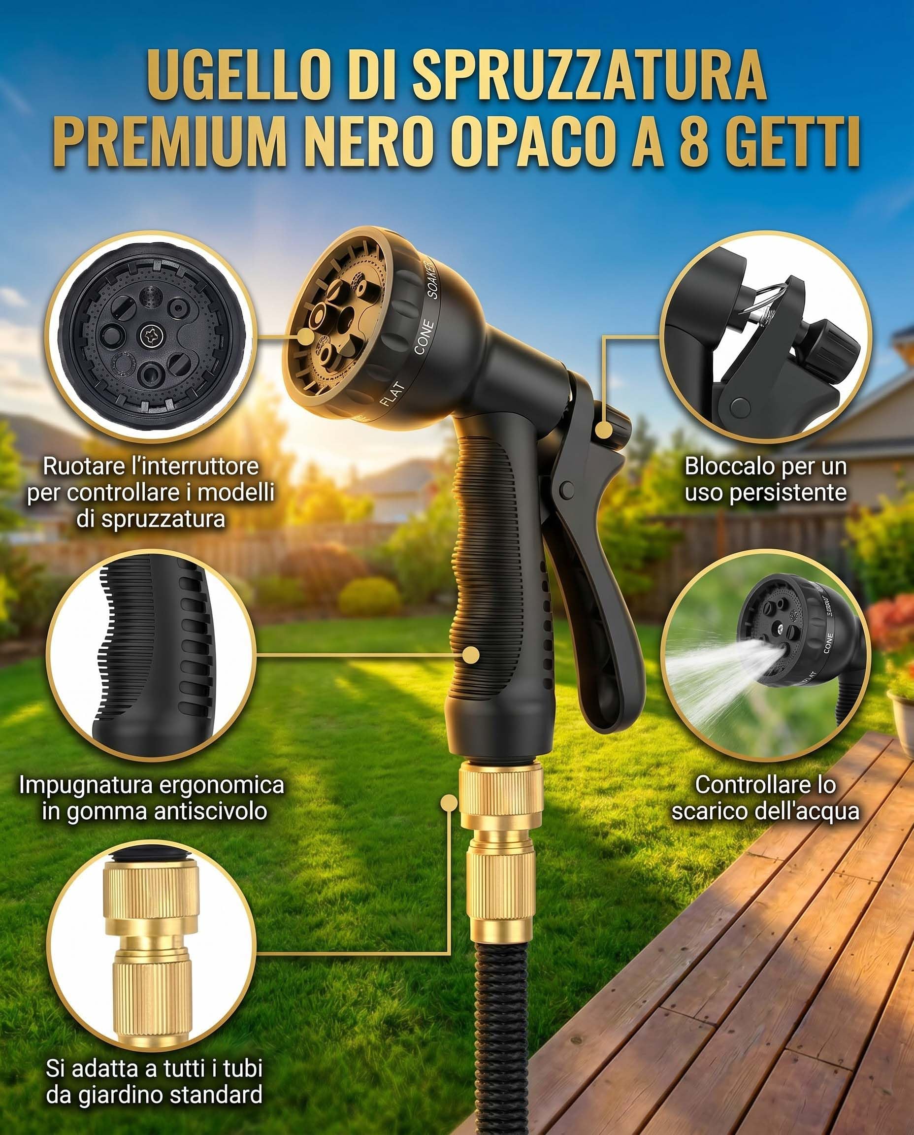 Tubo da Giardino Estensibile Ispessito 30m 100FT Canna Acqua con 8 Funzioni con Pistola Acqua Giardino & Adattatore Universale 1/2" e 3/4 per Prato, Giardino