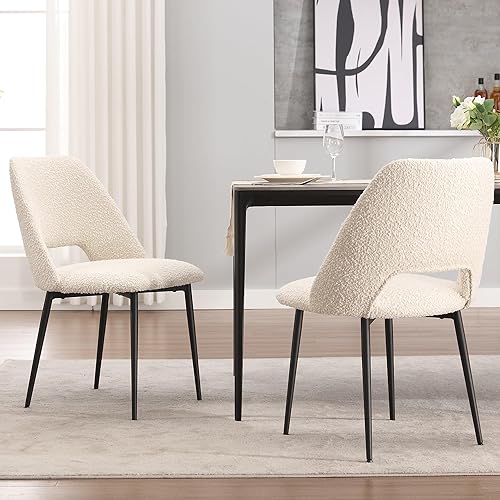 JIRAIN Juego de 2 sillas de comedor modernas de mediados de siglo, sillas de comedor tapizadas de tela Boucle con patas de metal, sillas de sherpa
