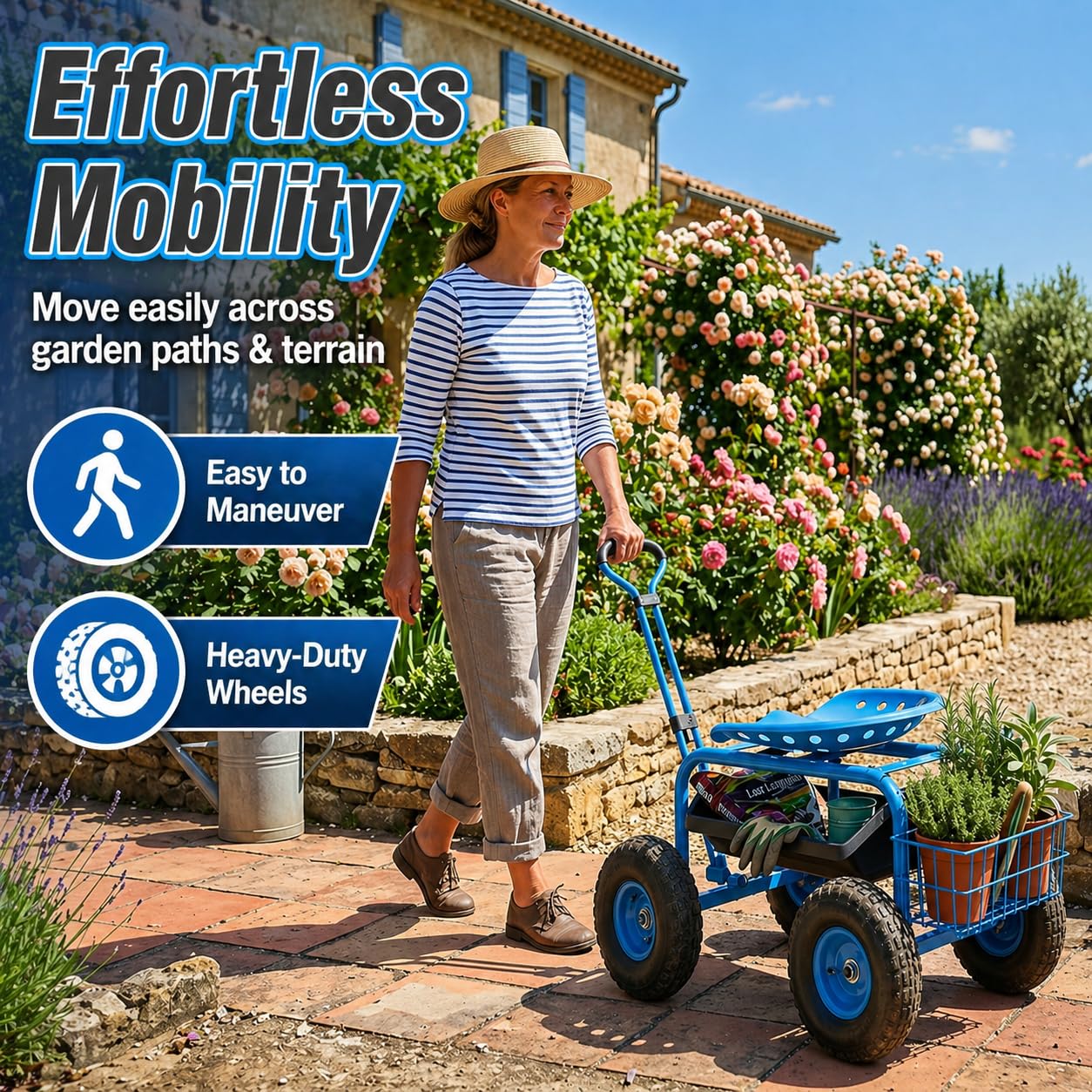 KATSU Tools Carrito de jardín rodante con mango de dirección extensible, bandeja de herramientas de utilidad, asiento de trabajo giratorio de 360° y altura ajustable, carrito de taburete de taller