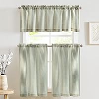 JINCHAN Sage Green Striped Tier Kitchen Curtains & Valance Set, 24 Inch Linen Blend 3-Piece Farmhouse Drapes for Cafe Bathroom Living Room