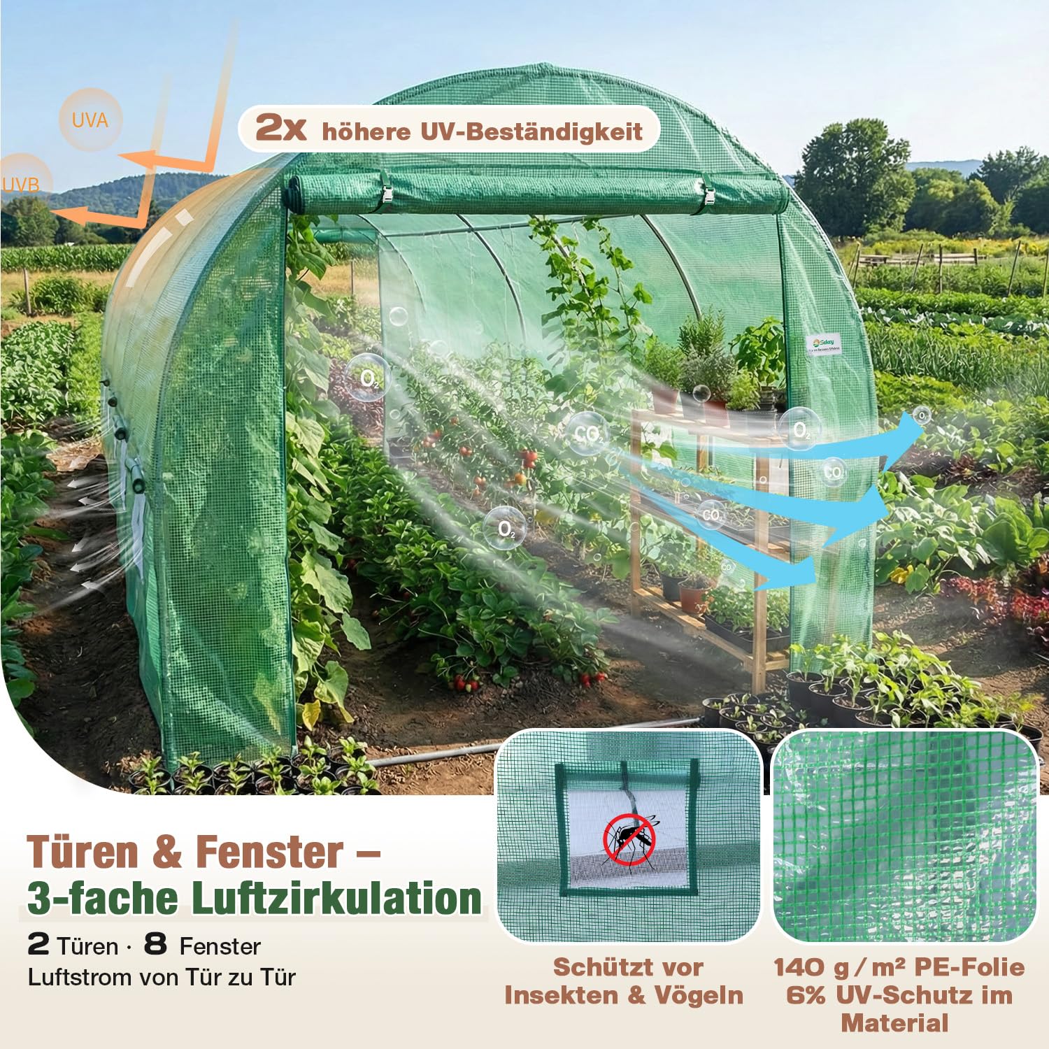 Sekey Gewächshaus Winterfest Foliengewächshaus verzinkt 4x2x2m - 8m² Folientunnel Stabil mit 2m Stehhöhe, Treibhaus, Tomatenhaus inkl. 2 Türen & 8 Fenster & Profi-Fixierungs-Set, 140g/m² PE-Folie
