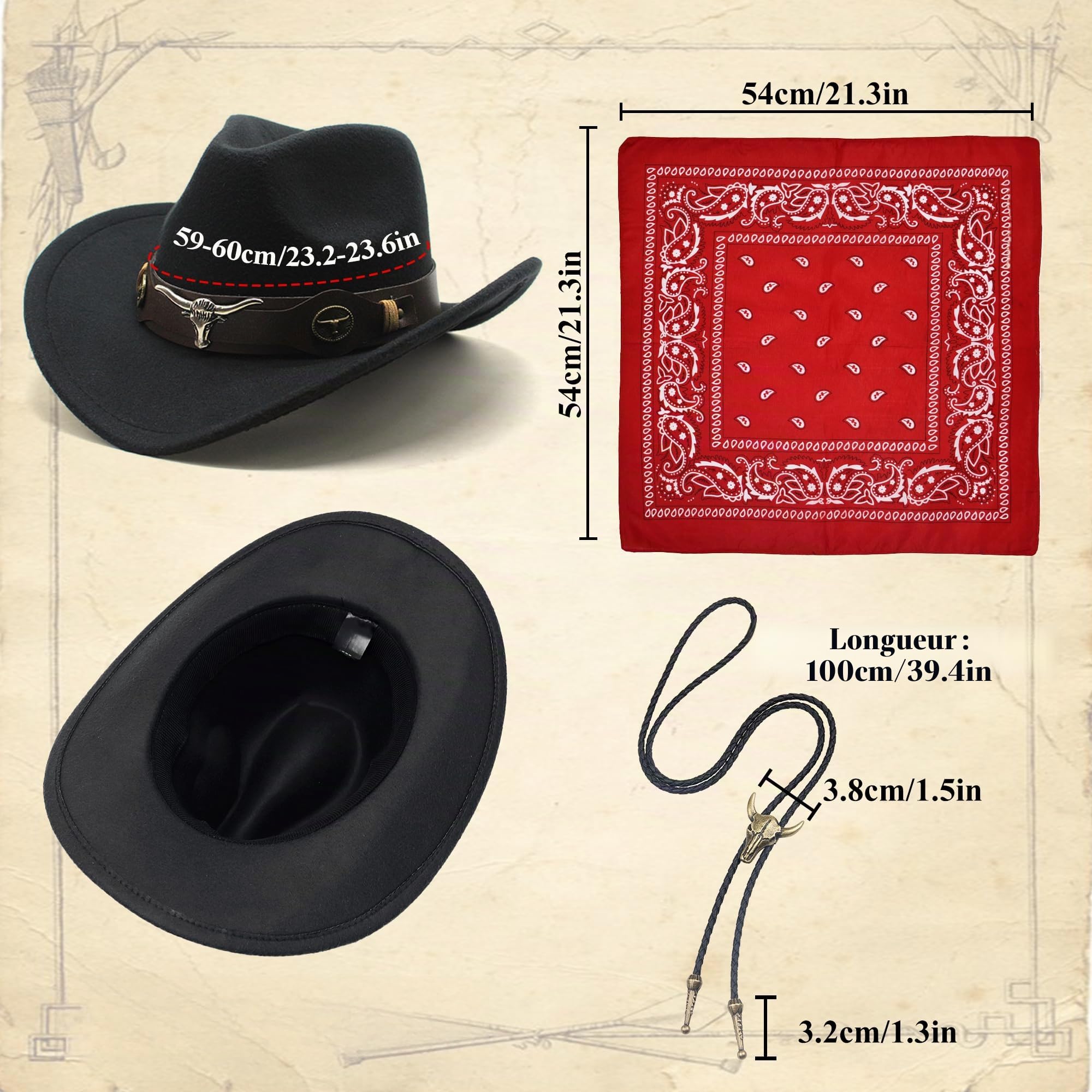 Déguisement Cowboy Cosplay Western Cowboy pour Hommes Gilet à Franges Chapeau Bandana Collier pour Carnaval Costume Hippie pour Adultes
