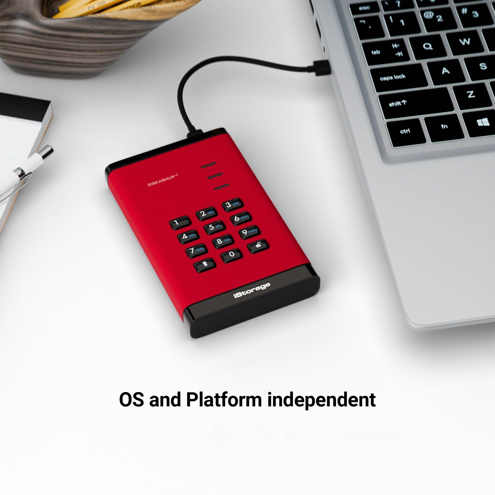 iStorage diskAshur3 SSD 8TB Red - Bezpieczny przenośny dysk SSD - Ochrona hasłem - Odporny na kurz i wodę - Szyfrowanie sprzętowe
