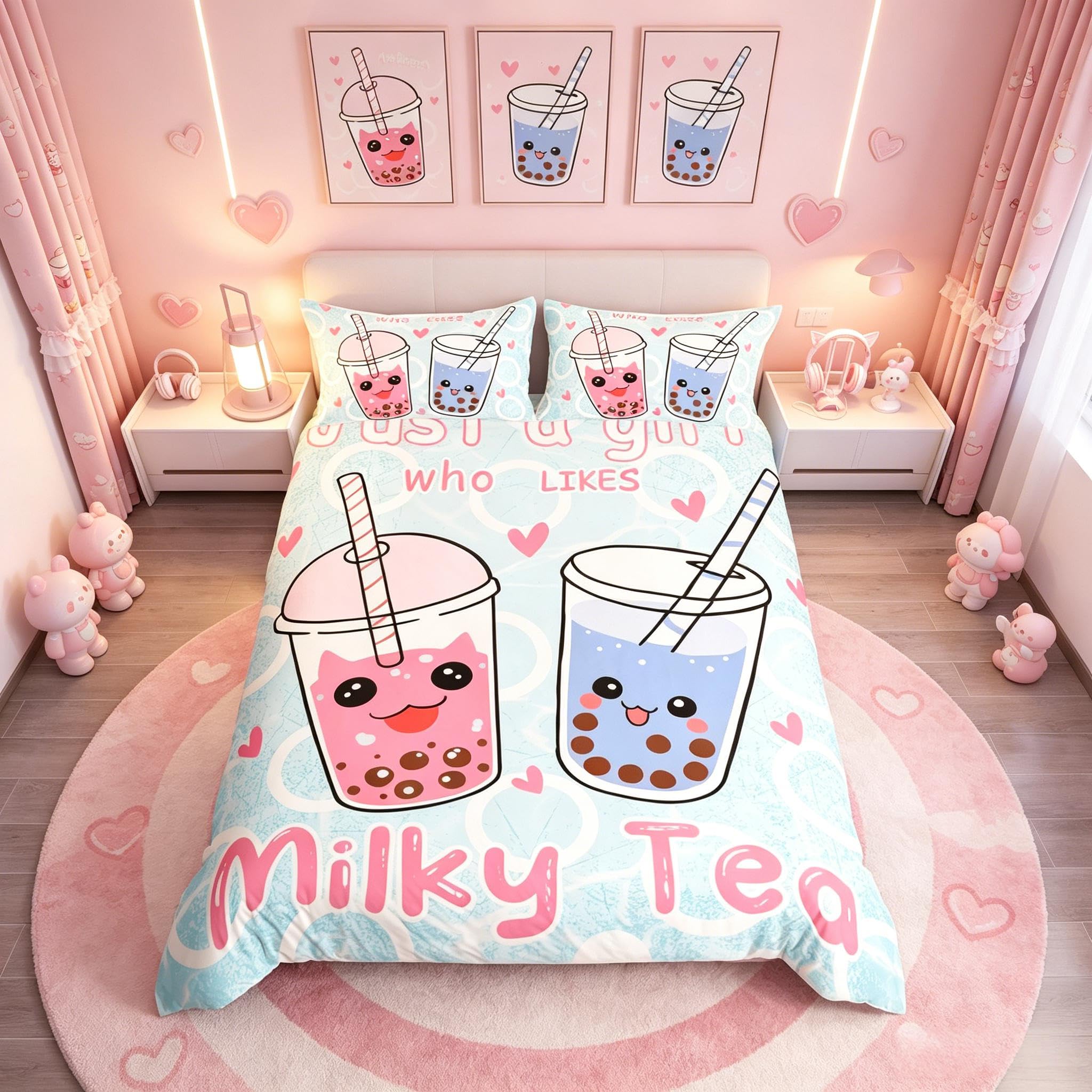 richhome Duvet Cover Set Milk Tea Girls Comforter Cover Set Kawaii Milk Tea Print Bedding Set Single Size Children Adult Cartoon — image 1