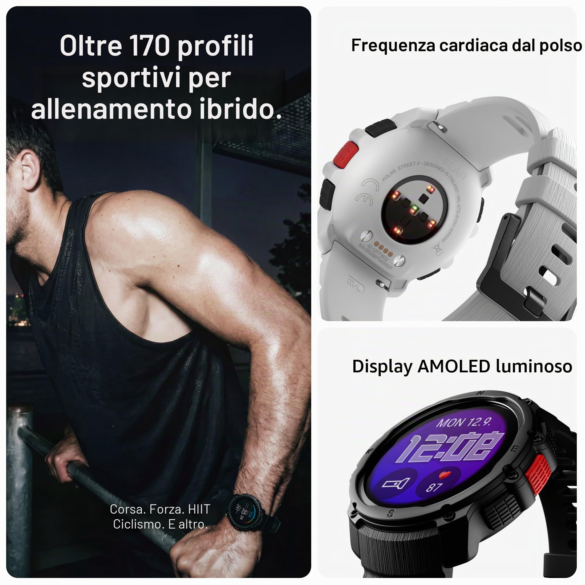 Polar Street X - Orologio sportivo da corsa GPS - Robusto impermeabile - 170+ profili sportivi - Batteria 10 giorni - Display AMOLED - Cardiofrequenzimetro da polso - Torcia integrata