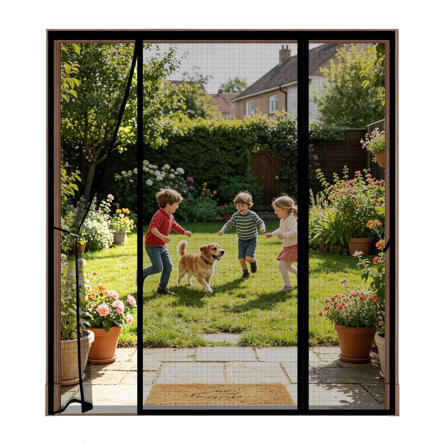 Magnetic Fly Screen for Double Doors, 3-Panel Side-Opening Mosquito Net, 4cm Widened Top Hook & Loop, Heavy Duty Mesh Curtain for French, Patio & Sliding Doors,175x215cm,Black