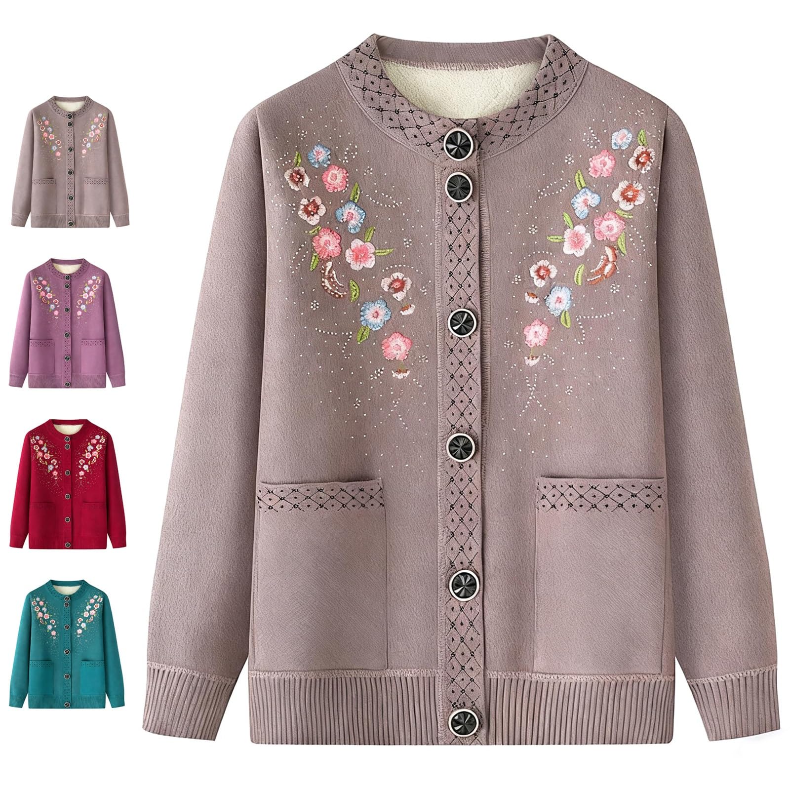 EDAT Embroidered Lapel Sweater Older People, Fleece-Lined Button Front Knit Coat with Pockets for Middle-Aged Mothers(Khaki,4XL)