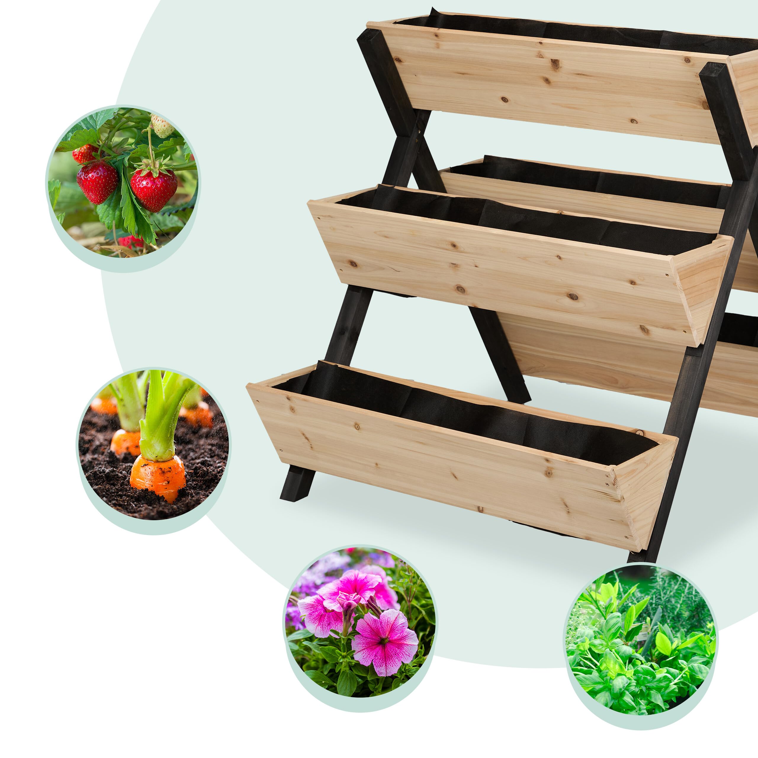 Relaxdays Huerto Urbano Elevado, Madera, 82x75x90 cm, Jardinera Vertical 5 Maceteros, Cama Jardín, Balcón, Natural/Negro