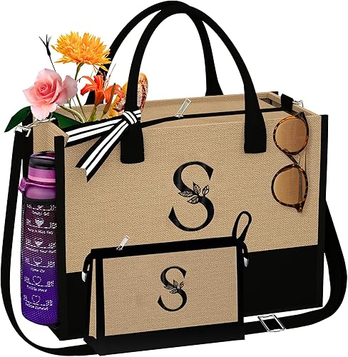 AUNOOL Bolsa de mano con iniciales y bolsa de maquillaje, bolsa de playa de lona, regalos de cumpleaños personalizados, regalos de dama, Yute
