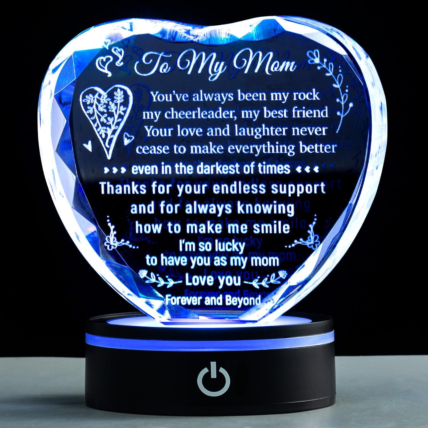 Birthday Gifts for Mom, Christmas Keepsake from Daughter Son Kids, Heart Crystal with Colorful Light Base, Ideal for Christmas