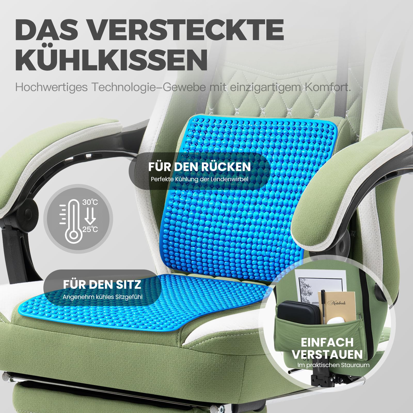 Dowinx Gaming Stuhl Stoff mit Taschenfederkissen, Höhenverstellbare Kopfstütze, Gaming Sessel mit Fußstütze, Ergonomischer PC Stuhl Gamer Stuhl Bürostuhl 150 kg, Grün
