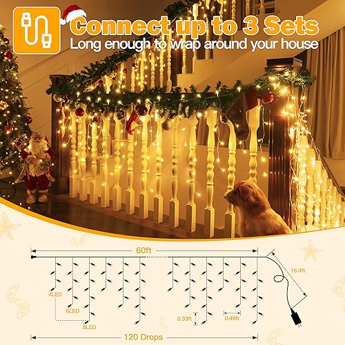 Miniatura 40 de Ollny Luces de carámbano multicolor para exteriores, 600 luces LED de Navidad de 49 pies con control remoto, 8 modos regulables, temporizador