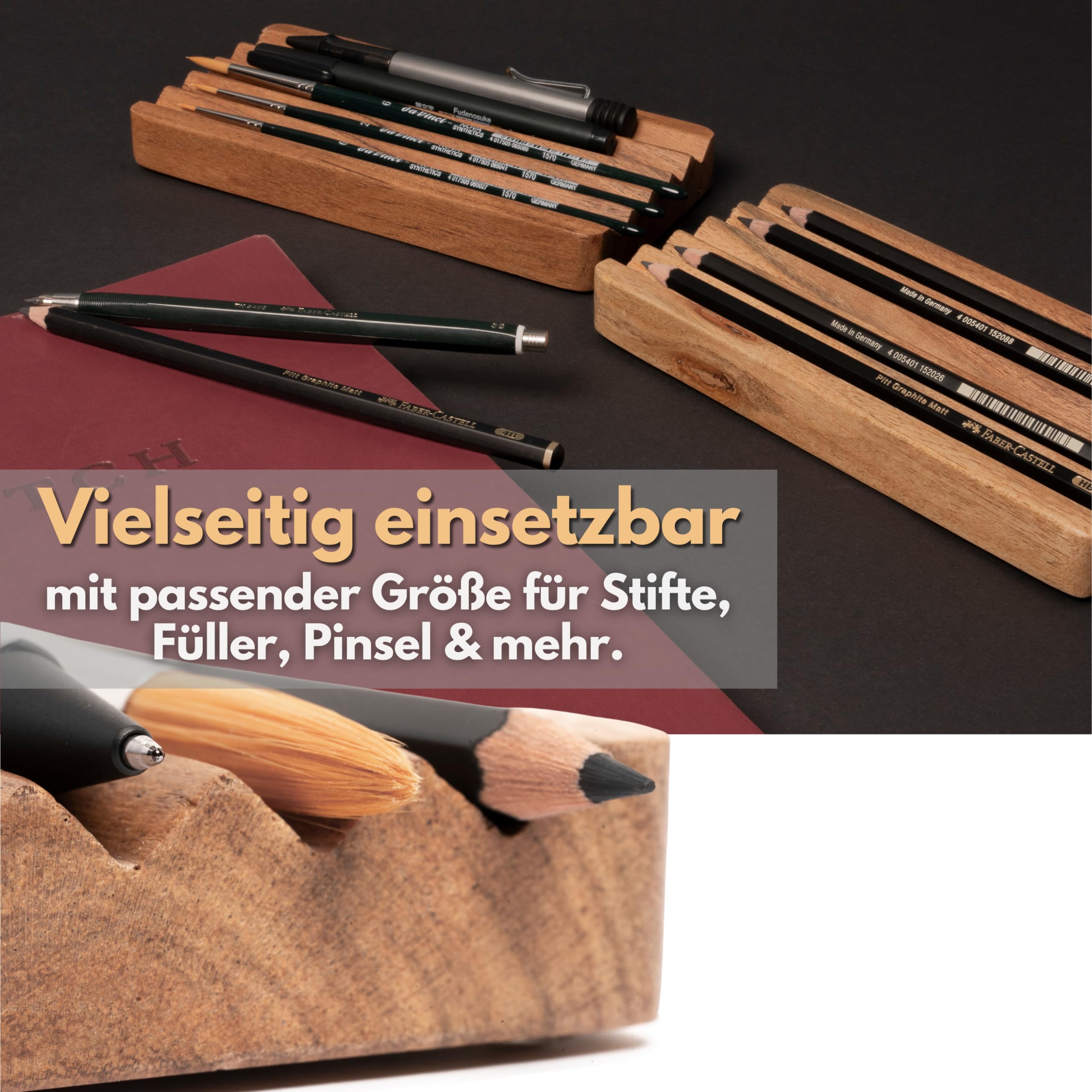 Juego de 2 bandejas de madera de acacia para bolígrafos, 18 x 9 cm, hechas a mano, rústicas, marrones, rectangulares, antideslizantes, para escritorio, utensilios de escritura