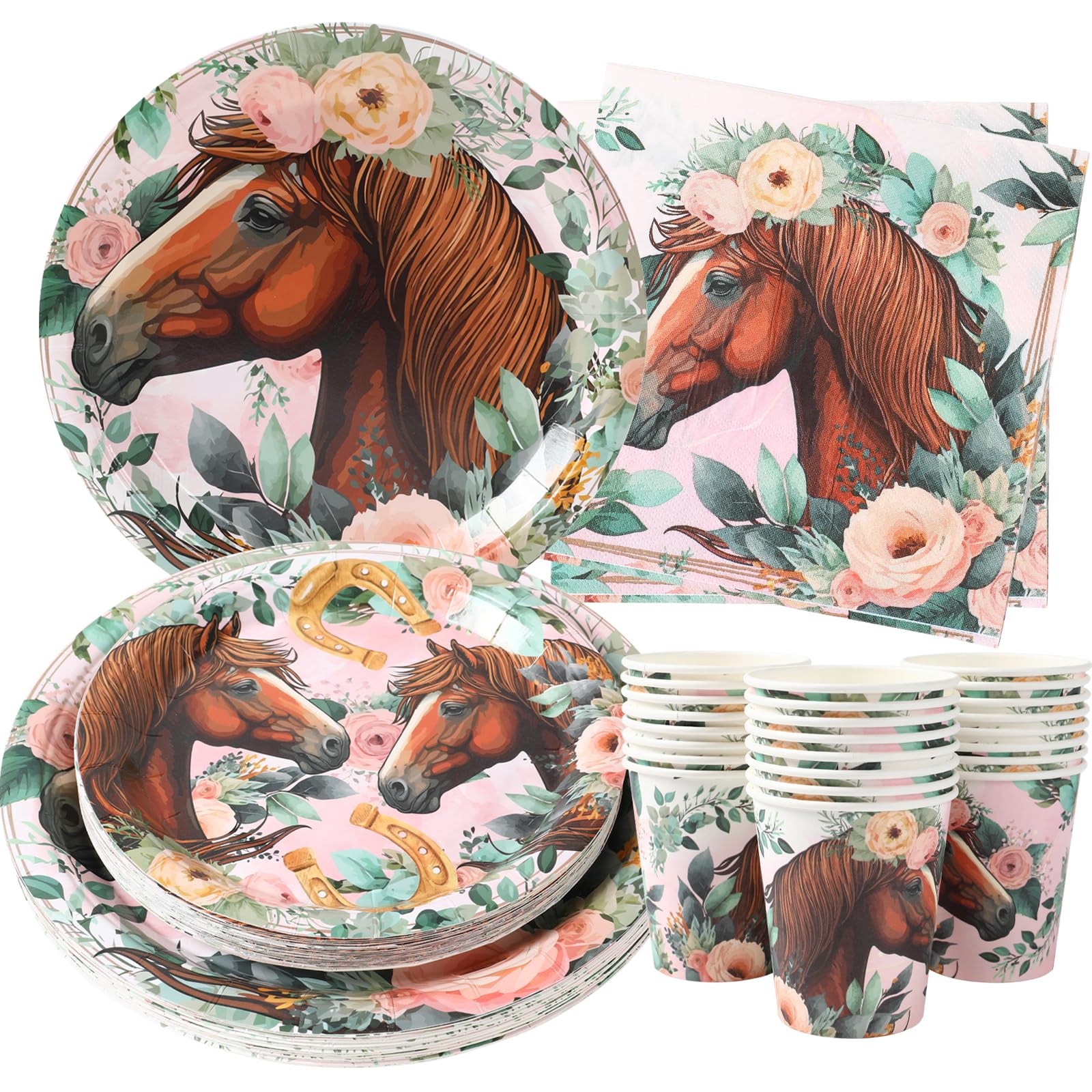 Horse Birthday Party Supplies (Serves 24) Dinner Plates, Dessert Plates, Cups, Napkins. Horse Party Decorations for Baby Showers, Kids, Boys, Girls