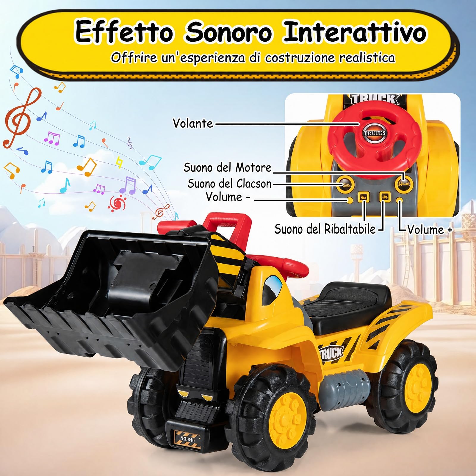 COSTWAY 3 in 1 Escavatore Cavalcabile per Bambini 2+ Anni, Carico 25 kg | Ruspa Giocattolo per Bambini con Suoni Realistici, Seduta con Vano Portaoggetti, Pietre, Casco e Gilet, per Casa Asilo