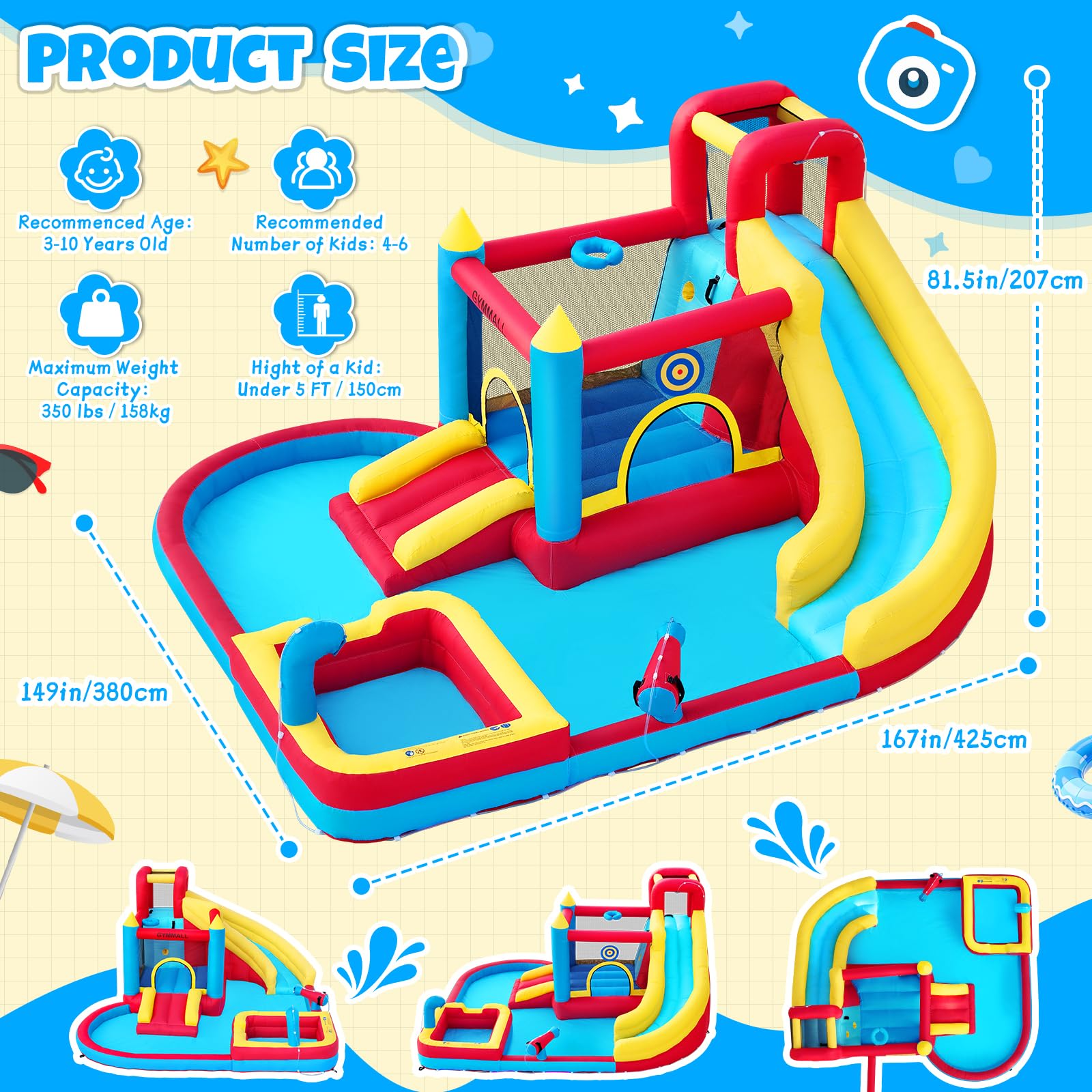 Castillo Hinchable para Niños, 8 en 1 con Soplador 480W, Tobogán Largo, Pared de Escalada, Trampolín y Zona de Chapoteo, Ideal para Uso Interior y Exterior en Vacaciones