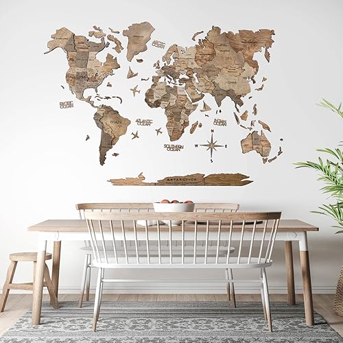 ENJOY THE WOOD 3D Wood World Map Wall Art Large Wood Wall Décor Housewarming Gift Idea Wood Wall Art World Travel Map For Home & Kitchen or Office