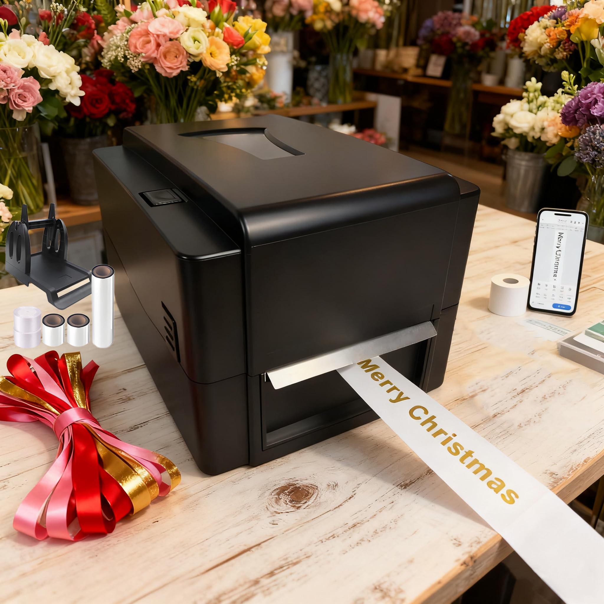 Satinbanddrucker mit Halter, Upgrade 300 Dpi Bluetooth Satinband-Druckmaschine, DIY personalisiertes Etikettendrucker für Geschenkband Floristen, Hochzeit (USB & App)