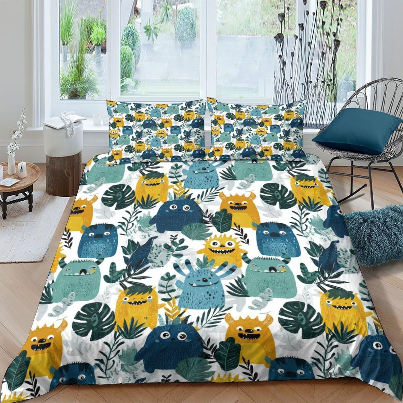 Ctjqhvkz Style-7 3D Printed Cartoon Monster Fitted Sheet Microfiber Soft Yellow Blue Green Mattress Cover Bedroom Dorm Decor Single（135X200cm）