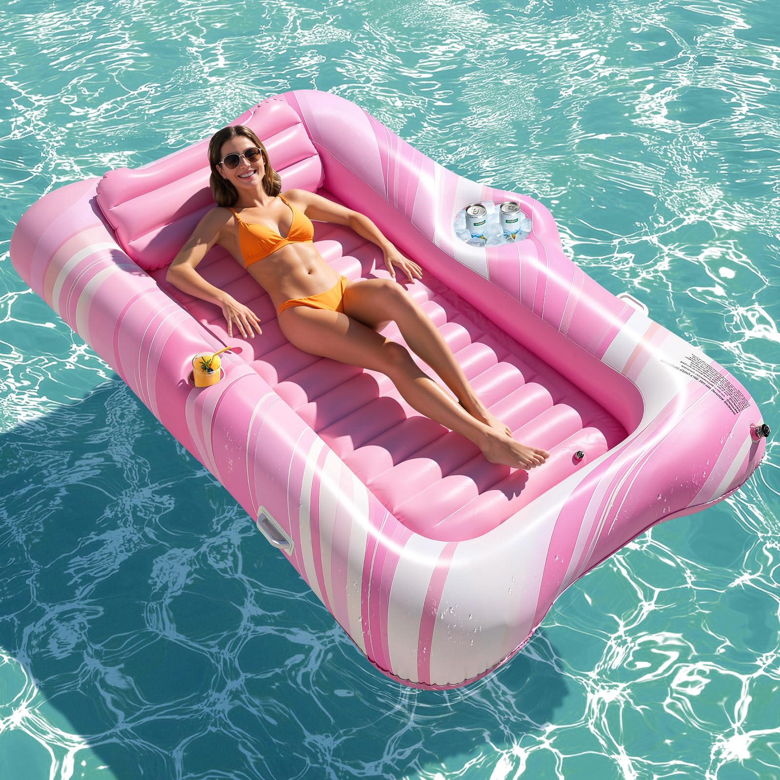 HeySplash Inflatable Pool Float Lounge, Large Inflatable Pool Floats Boat for Adults with Cup Holder & Detachable Pillow, Tanning Lounger Float for Lake River Summer Water Party, Pink Marble โ image 1