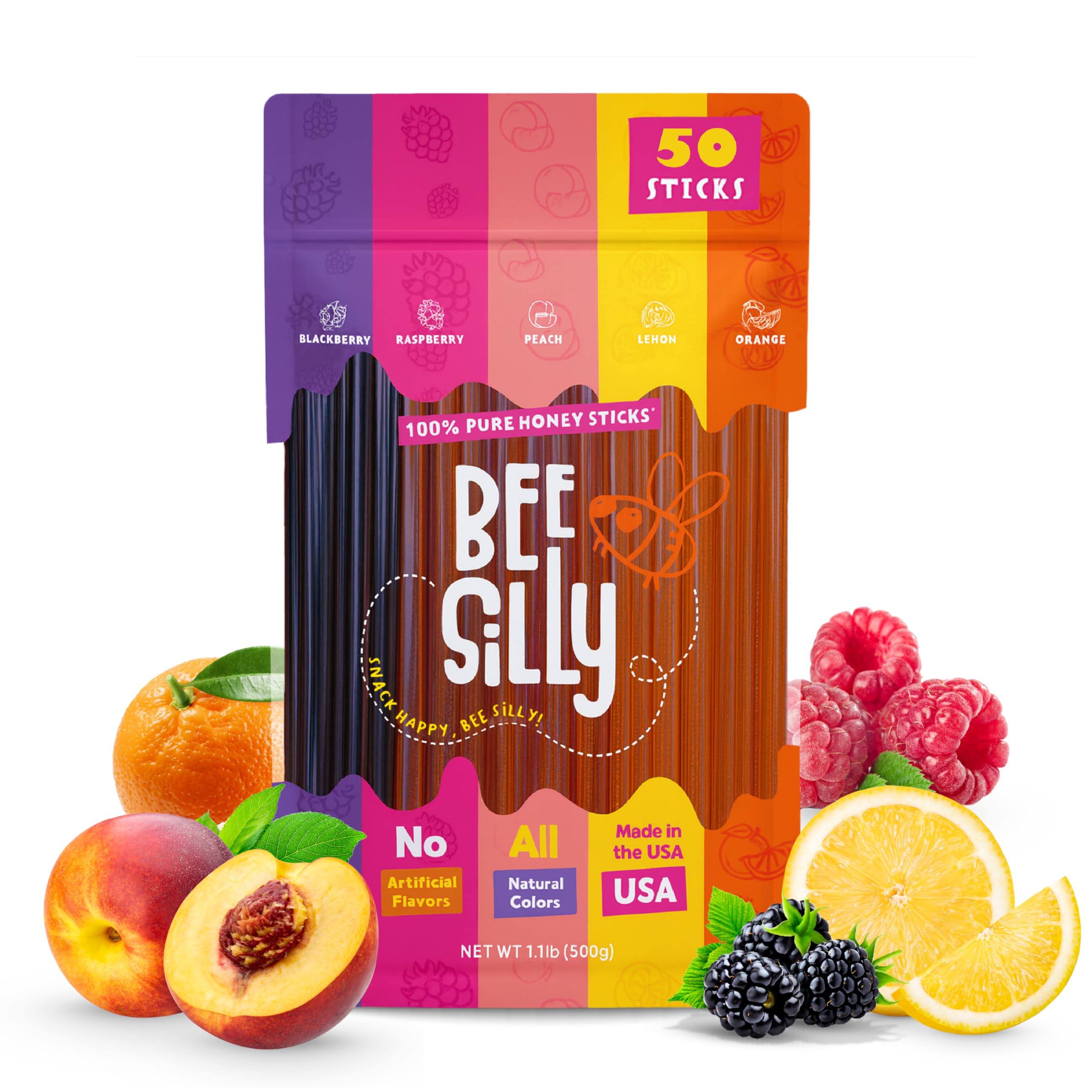 Bee Silly Flavored Honey Sticks - USDA Grade Single Serve Straws, Only 15 Calories Each - Pure Natural Ingredients, No Artificial Colors or Additives - Portable Energy Snack for Kids (50 pack, Variety Pack: Lemon, Orange, Raspberry, Blackberry, Peach)