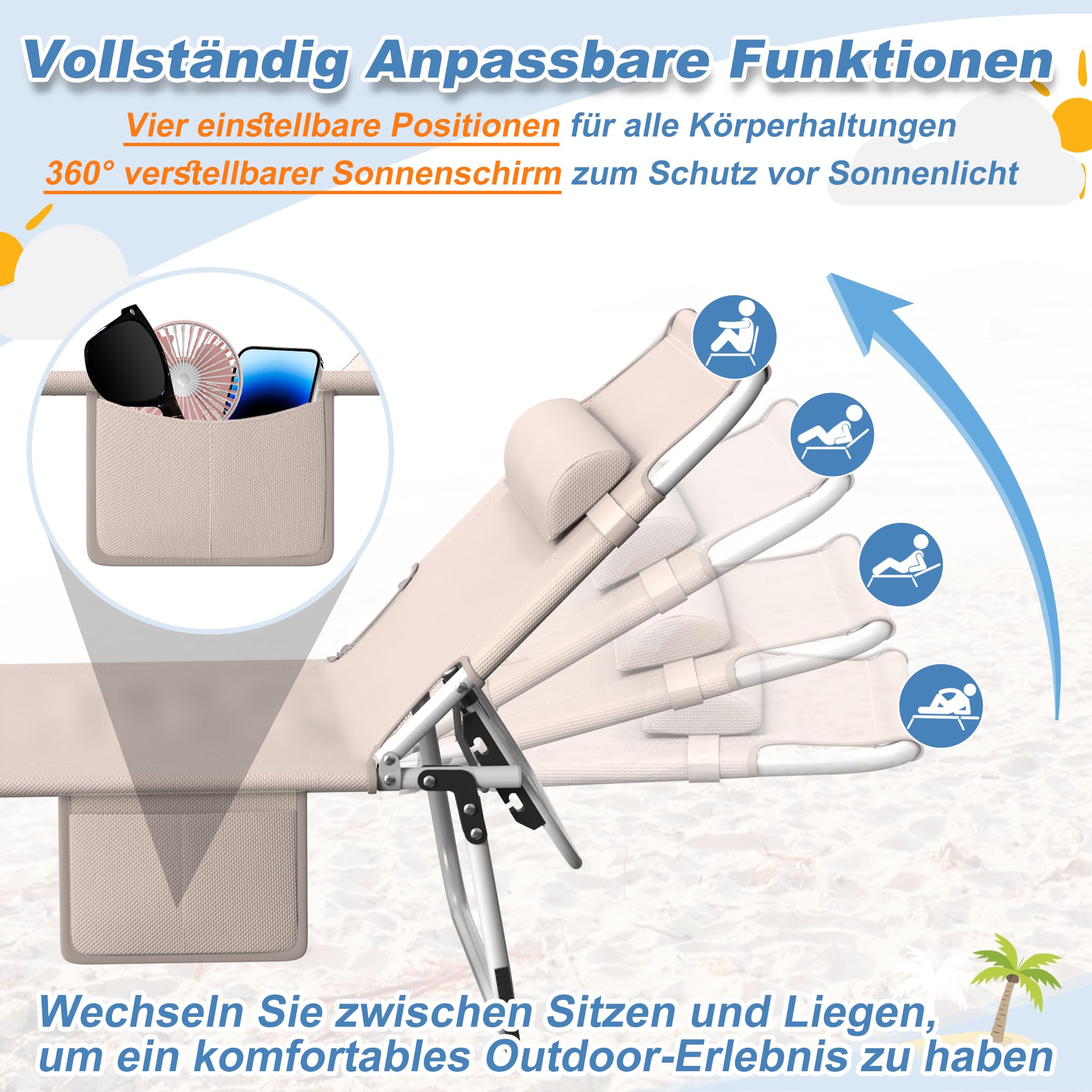 AufuN Sonnenliege Klappbar mit Dach und Seitentasche 195x68 cm Schwarz | Wetterfeste Gartenliege, stabile Strandliege, Sonnenschutz & verstellbare Rückenlehne, bis 100 kg, ideal für Terrasse Campin