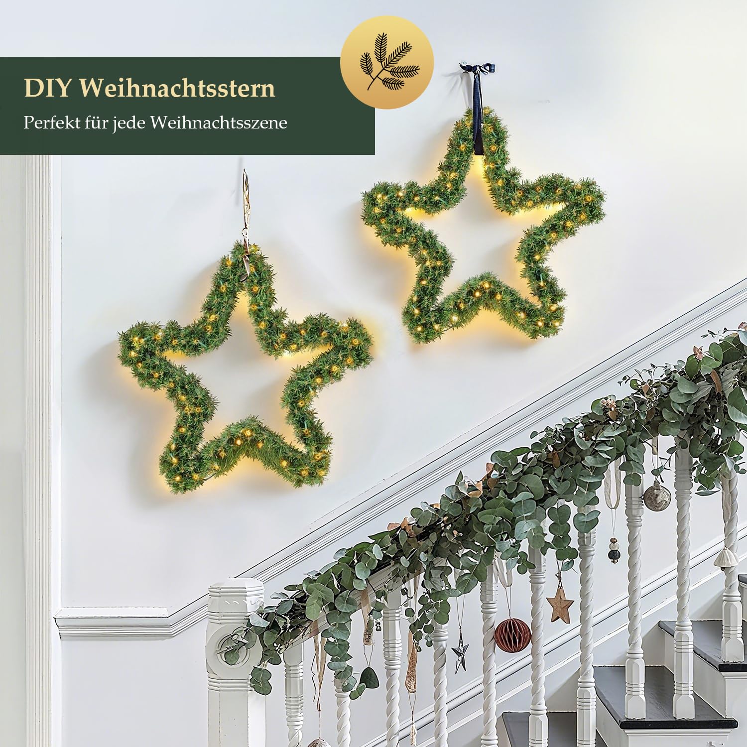 SALCAR Premium Weihnachtsstern 55 cm aus PVC mit 240 Zweigen & warmweißem LED Lichterkette – Festliche Weihnachtsdeko für Tür, Kamin, Balkon oder Garten, batteriebetrieben