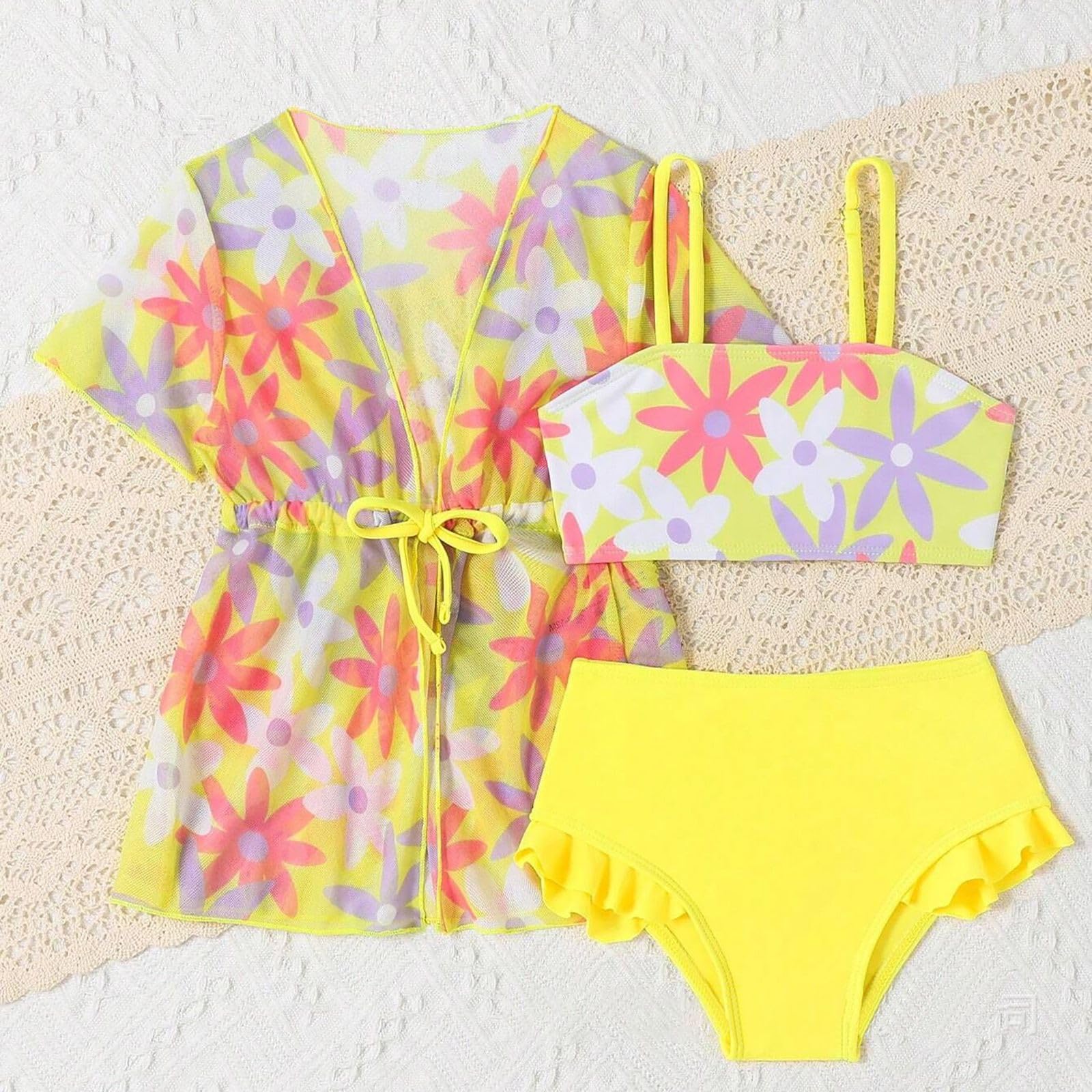 Traje de baño para niña de 3 piezas con estampado de flores, bonito estampado de dibujos animados, traje de baño para playa, piscina, vacaciones de verano, atuendo, edad 3-7 años