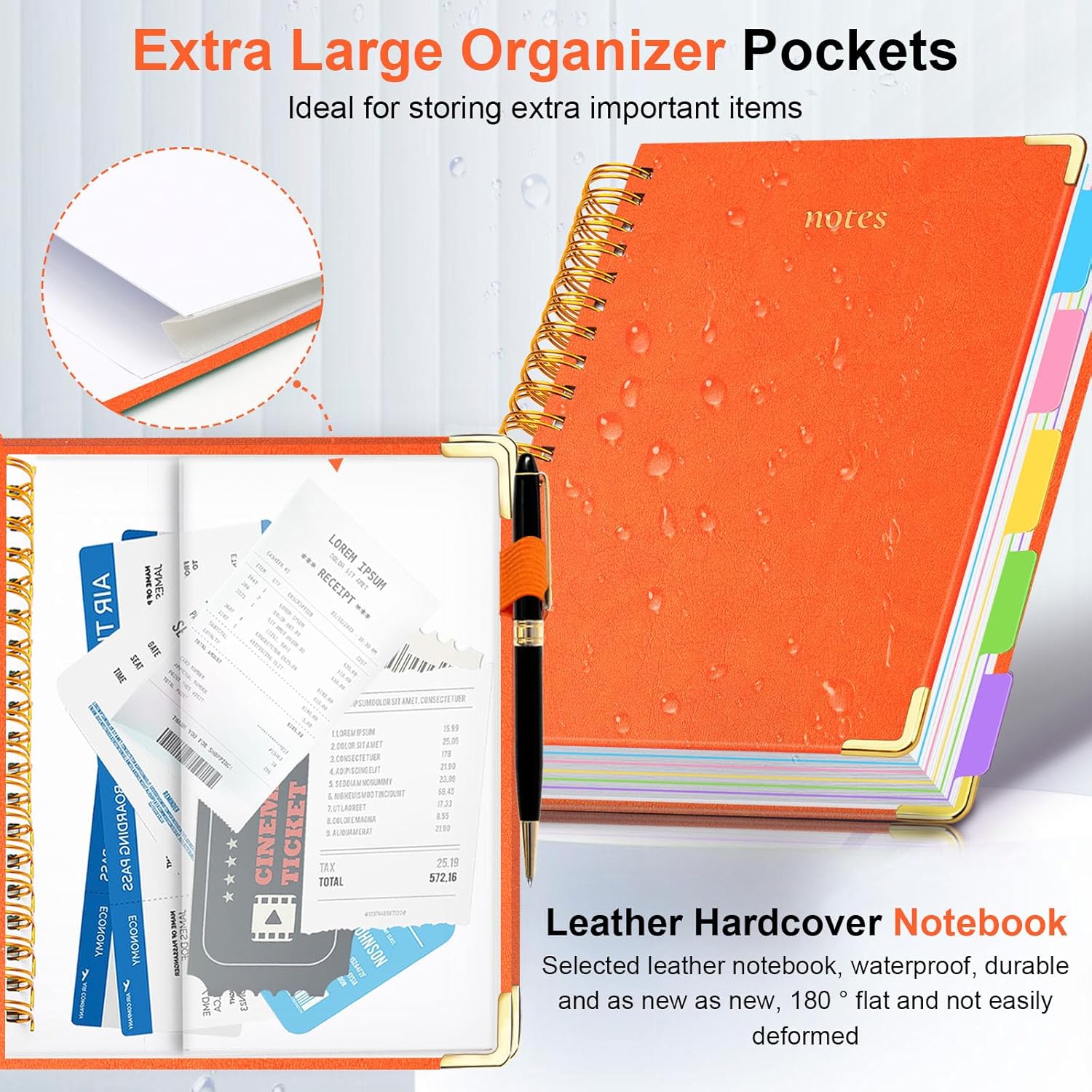 Hardcover Spiral Notebook 8.5"x11" Journal Notebook with Tabs and Removable Dividers 300 Pages 5 Subject Notebook College Ruled, Faux Leather Spiral Bound Notebook for Women School Work (Orange)