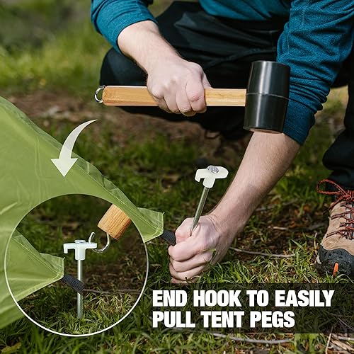 Miniatura 6 de WORKPRO Juego de estacas y martillo para tienda de campaña, martillo de goma de 16 onzas, mango de madera, 10 estacas de metal resistente y bolsa de