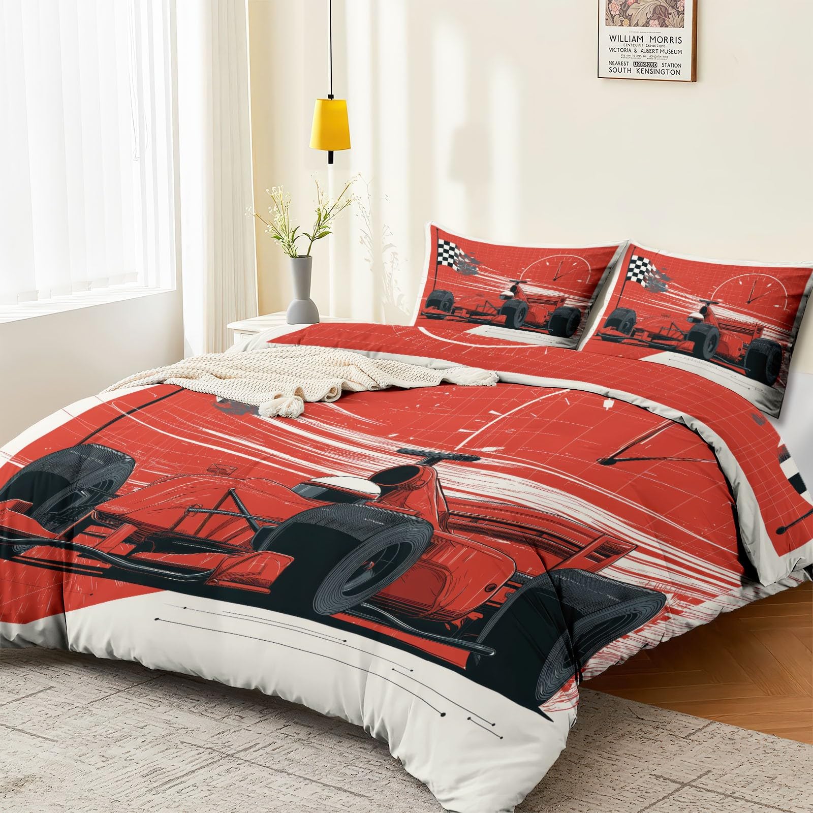 Nowoczesny fajny zestaw pościeli, sportowy wyścigowy prędkościomierz, ultrasoft czerwony, hipoalergiczny zestaw pościeli z mikrofibry, 230 x 220 cm z zamkiem błyskawicznym dla dzieci i nastolatków