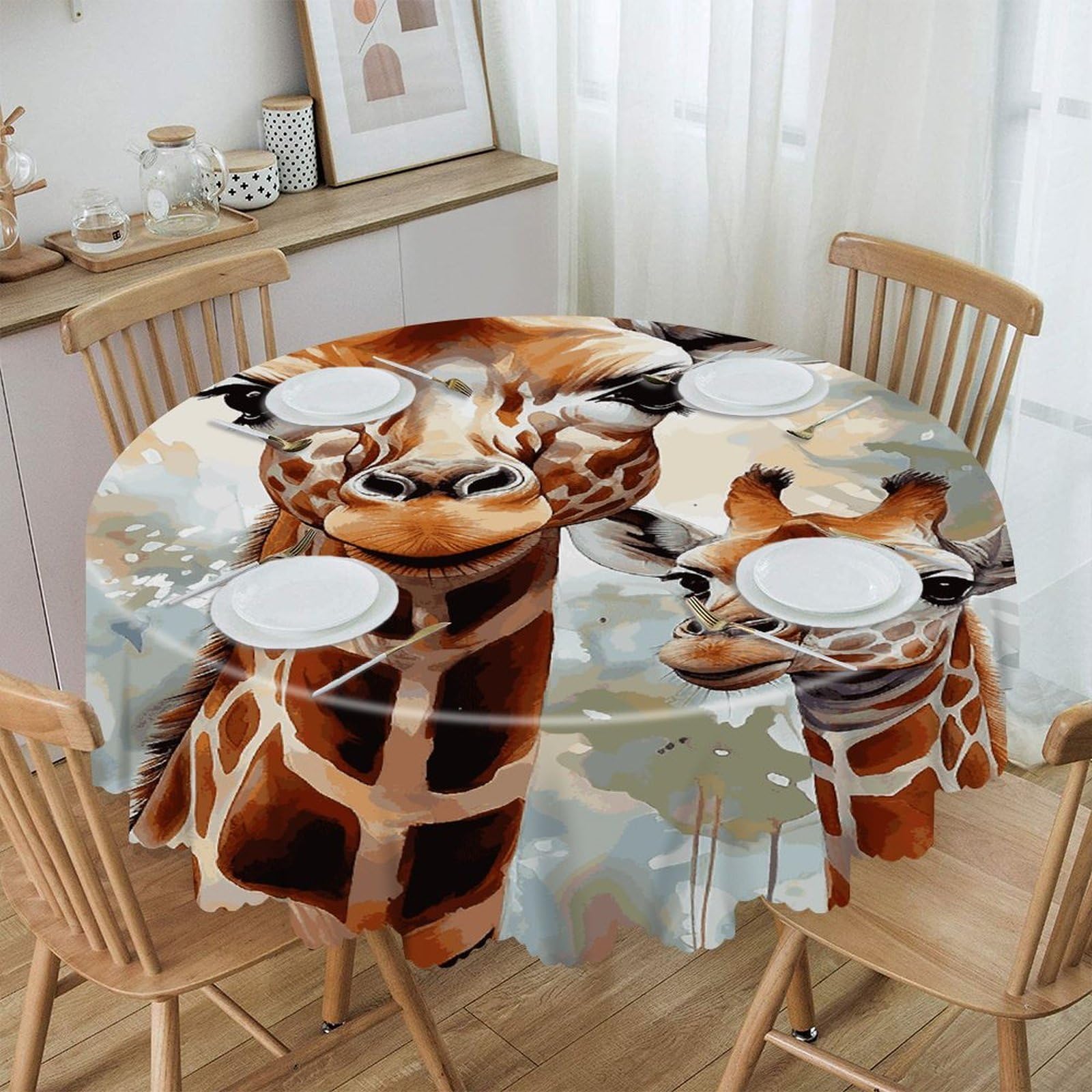 VstaDank Watercolor Deer Giraffe Round Tablecloth 60 Inch Easy to Clean Circle Table Cover Thick Decorative Round Polyester Table Cloth for Dining Kitchen Party Farmhouse Outdoor