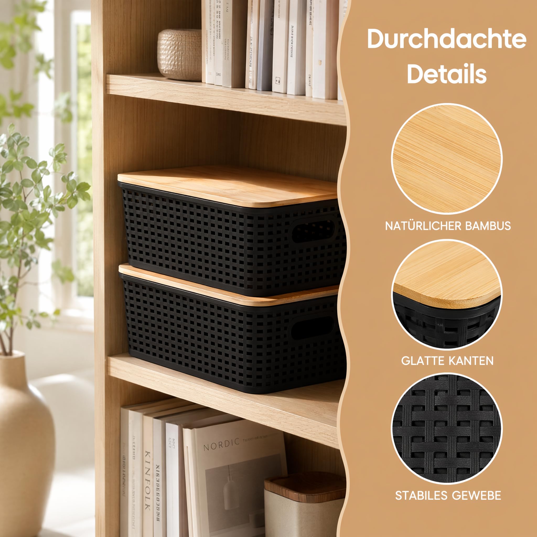 Scatola portaoggetti con coperchio, piccola, nera, 6 pezzi, 5 l, organizer da bagno e cucina, scatole impilabili con coperchio in bambù (6 pezzi (25 x 18 x 10 cm)