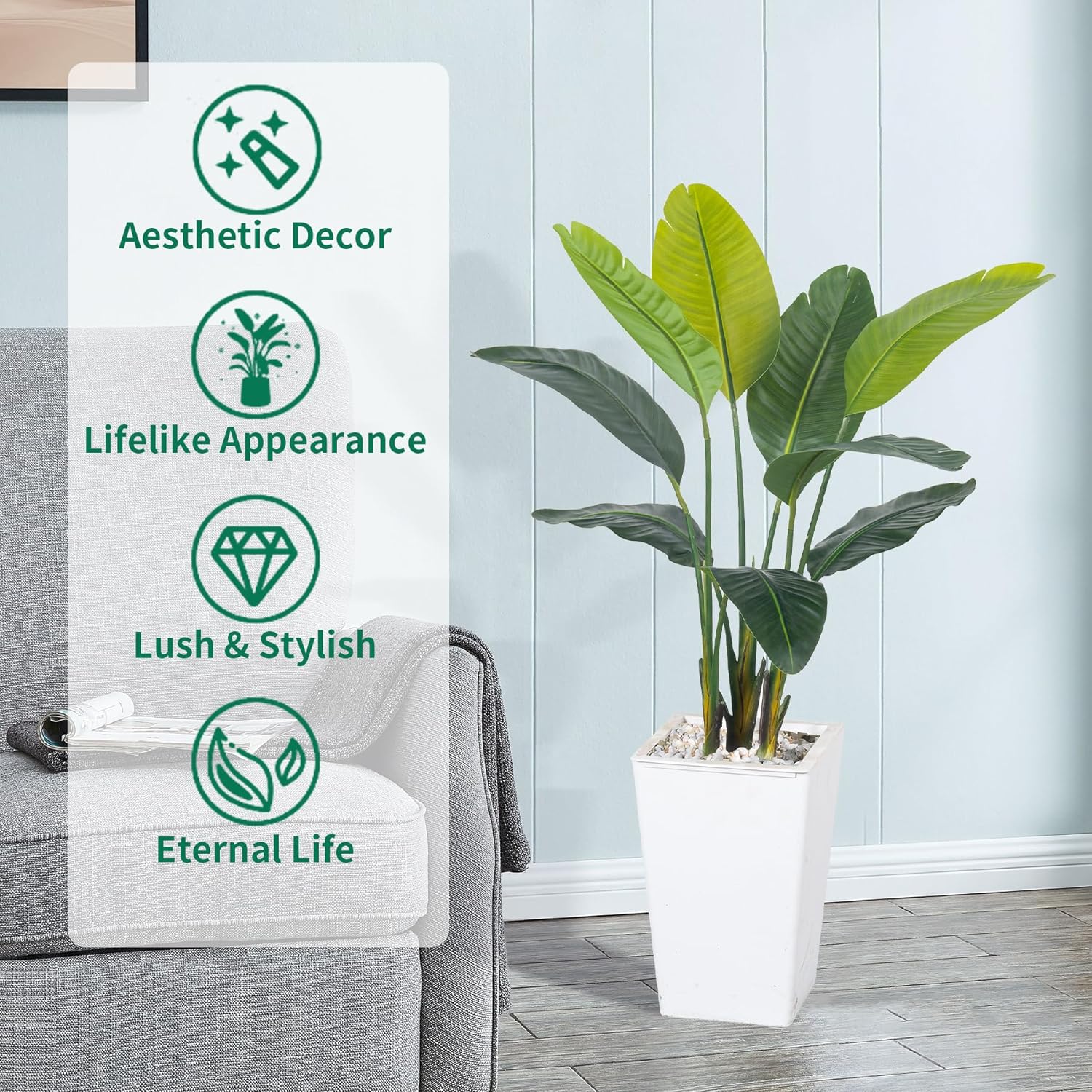 Bird of Paradise Artificial Plant 4FT, Faux Tropical Palm Tree with White Tall Planter, Large Fake Plants in Pot - Artificial Tree for Home Office Living Room Decor Indoor - Image 3