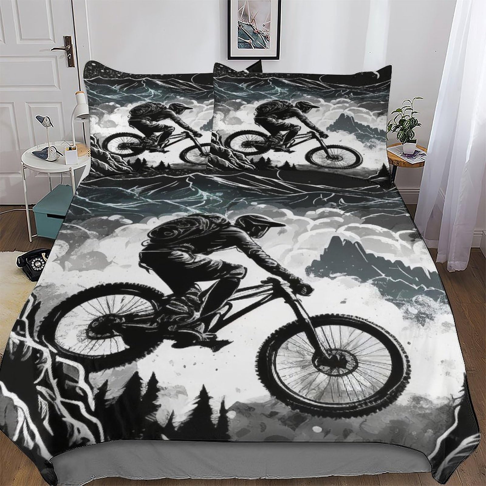 Pazzk Mountain Bike-18 Mountain Bike Bedding Set - 3D Duvet Cover, 3-Piece Bedspread Set (200X200cm), Microfiber, Easy Care, Super Soft Poly Cotton Quilt Cover For Kids & Teens