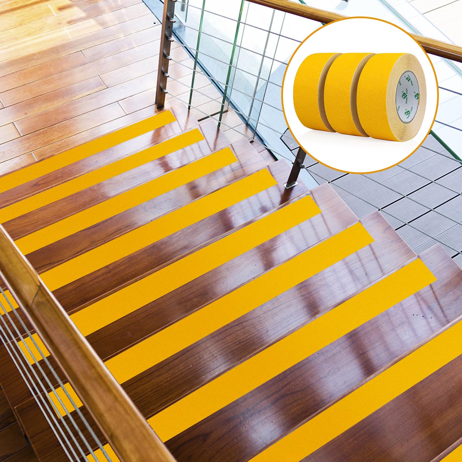 BOMEI PACK Lot de 3 rouleaux de ruban adhésif antidérapant pour marches d'escalier Jaune 50 mm x 10 m