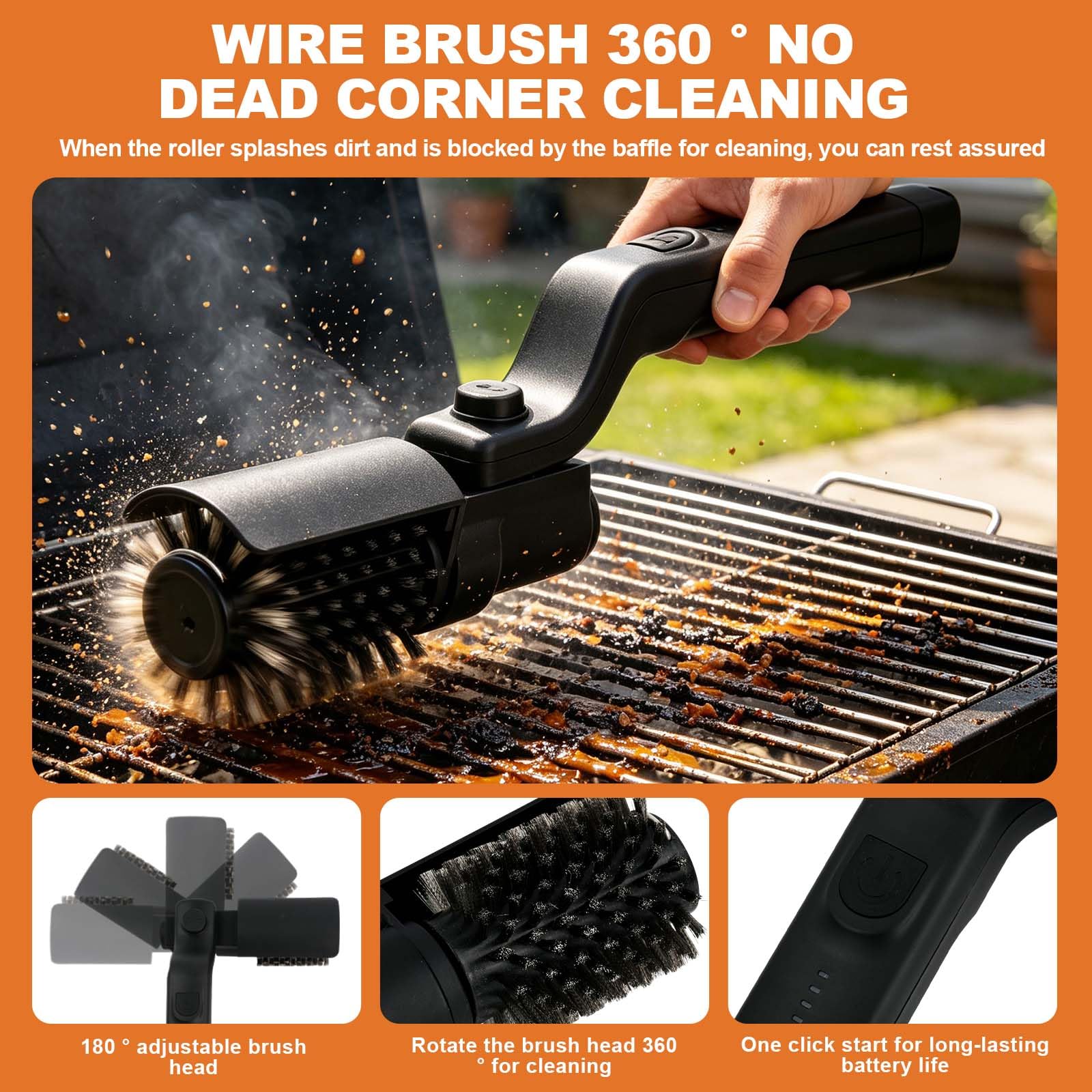Brosse Électrique pour Barbecue, Brosse de Nettoyage BBQ, Brosse sans Fil, Nettoyeur BBQ Rechargeable, 3 Vitesses, Tête en Acier Inoxydable, Angle Réglable, Étanche, 90 Min Autonomie