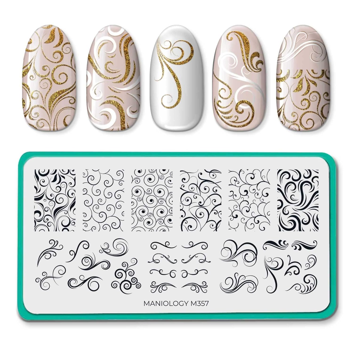 Maniology Swirls Nail Stamping Starter Kit | Elegant Swirl, Twist, Ripples, Classic Whirls, Airy Patterns & Simple DIY Manicure Designs with Stamping Plate, Polish, Top Coat, Stamper & Scraper Card