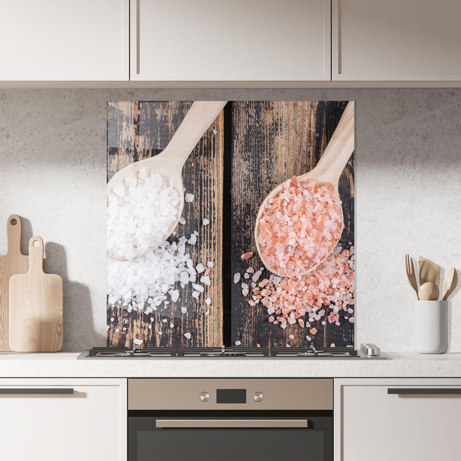 ARTHUB® Panel de Vidrio para Cocina 100x100 cm, 4mm Vidrio Templado | Protección contra Salpicaduras, Protección contra Salpicaduras para Cocina, Alimentos, Wooden Spoons Sea Salt