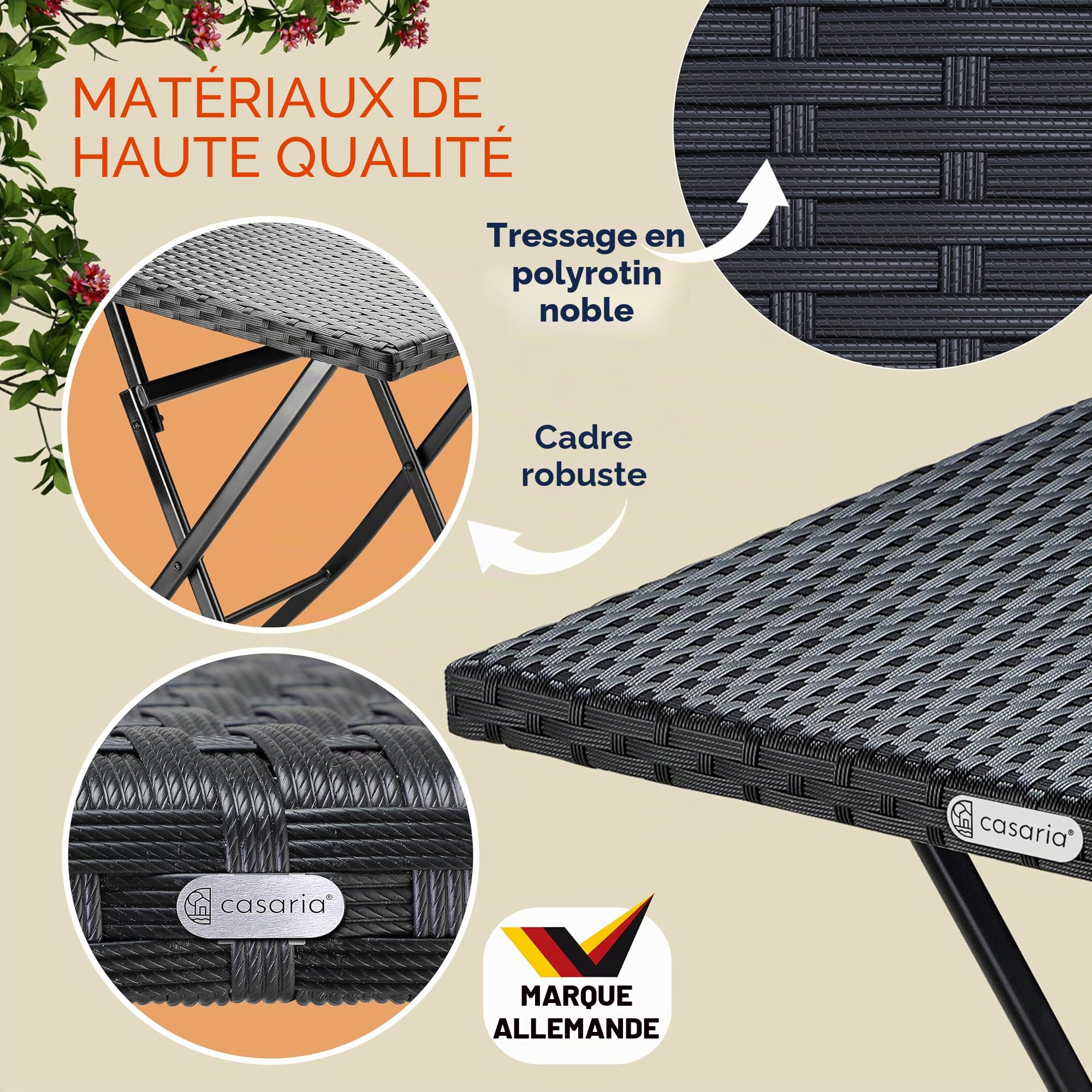 Casaria Table Pliante polyrotin 65x65x75cm Jardin Balcon terrasse Extérieur Table de Camping