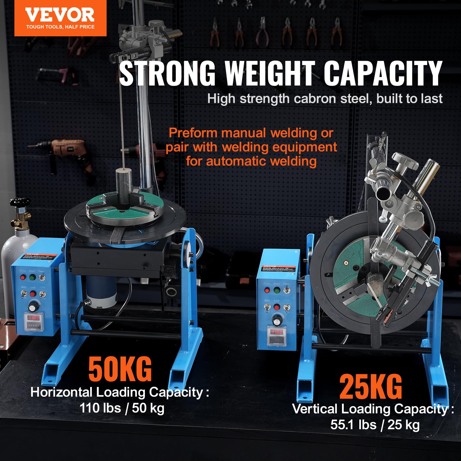 VEVOR Obrotowy pozycjoner spawalniczy 50 kg, 0-90° pozycjonowanie stołu obrotowego 0,5-6 obr./min 120 W, z 3-szczękowym uchwytem tokarskim i uchwytem palnika spawalniczego do cięcia, szlifowania,