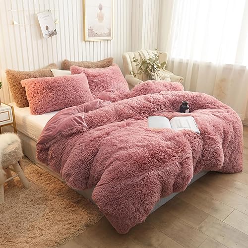 Miniatura 8 de XeGe Funda de Edredón de Felpa Shaggy de Lujo Ultra Suave de Terciopelo Cristal Ropa de Cama 1PC (1 Funda de Edredón de Piel Sintética), Cierre